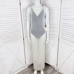 Almost Famous Sheer Crochet Open Back Beach Swim Cover Maxi Dress Cream Medium